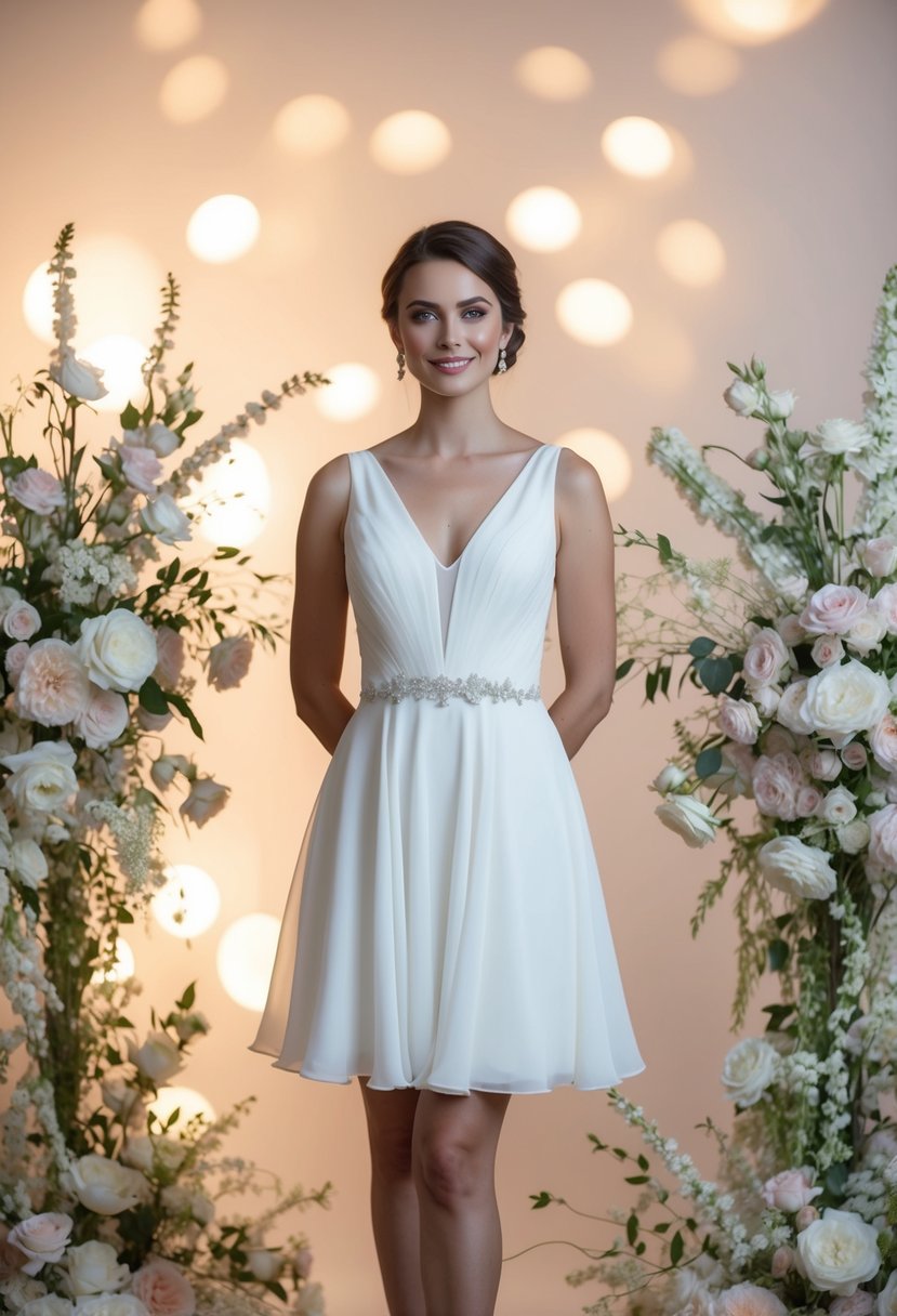 A short bride in a V-neck chiffon wedding dress, surrounded by delicate floral arrangements and soft, romantic lighting