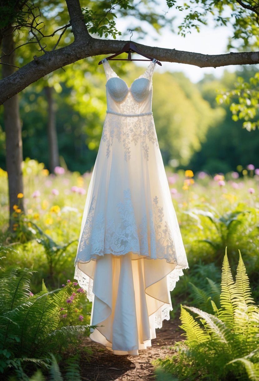 A flowing, lace-trimmed wedding dress hangs from a tree branch, surrounded by wildflowers and ferns in a sun-dappled forest clearing