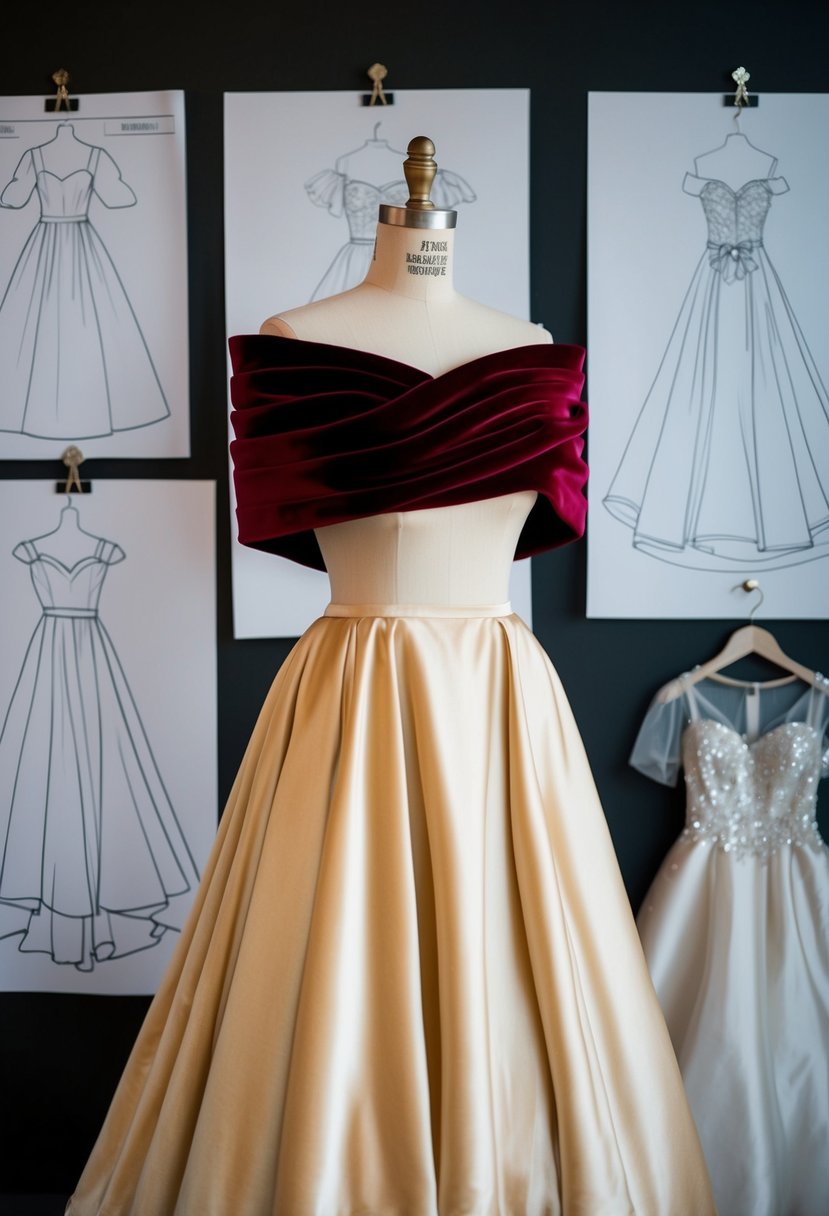 A luxurious off-the-shoulder velvet gown drapes over a vintage mannequin, surrounded by 80s-inspired wedding dress sketches