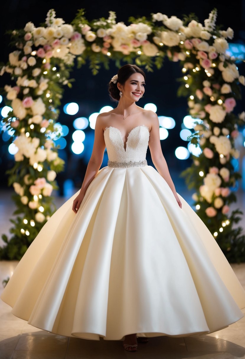 A short bride twirls in a drop waist ball gown with a voluminous skirt, surrounded by blooming flowers and twinkling lights