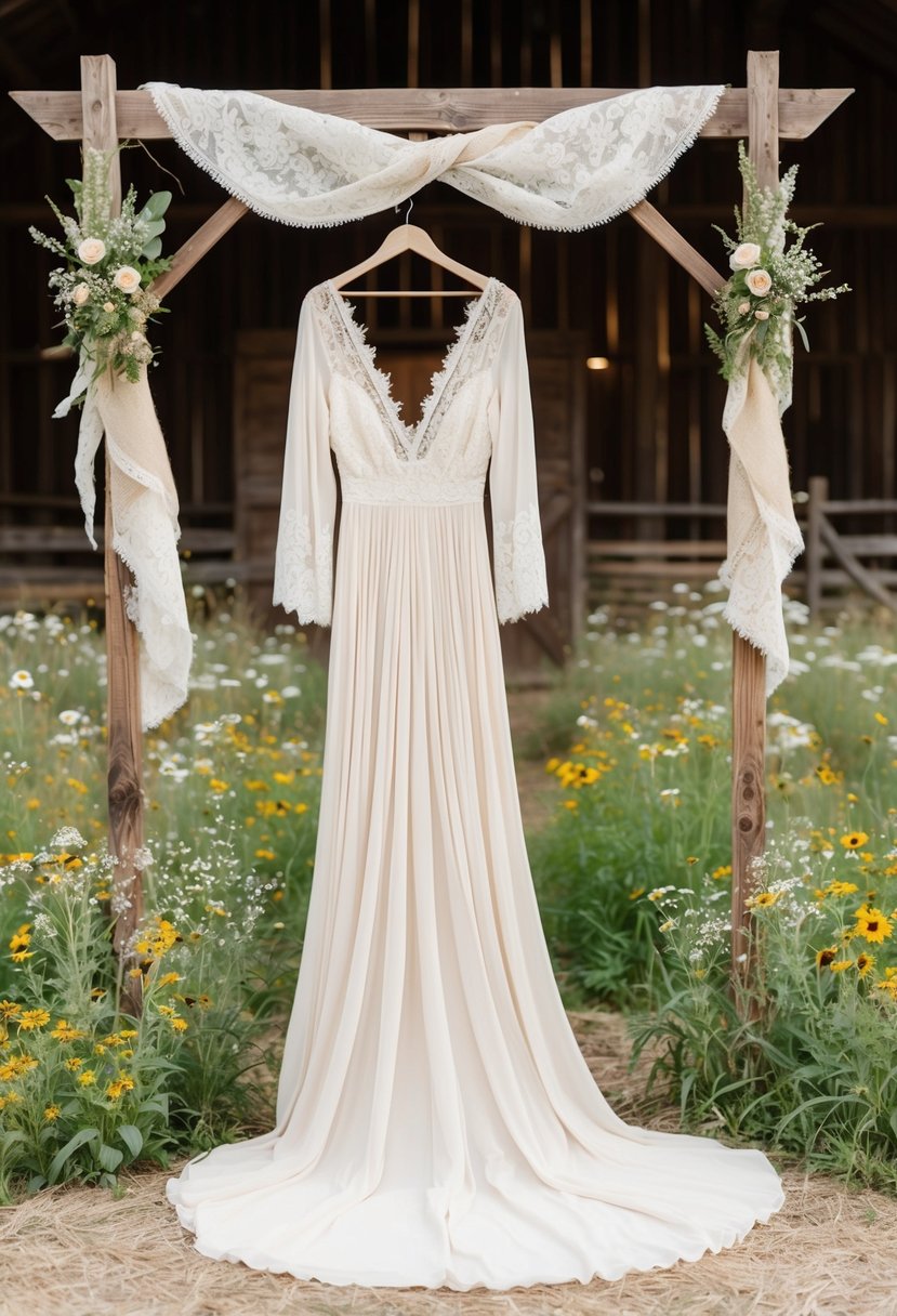 A rustic barn setting with wildflowers and a wooden archway adorned with lace and burlap, showcasing a flowing, off-white wedding gown with delicate lace detailing and a bohemian charm