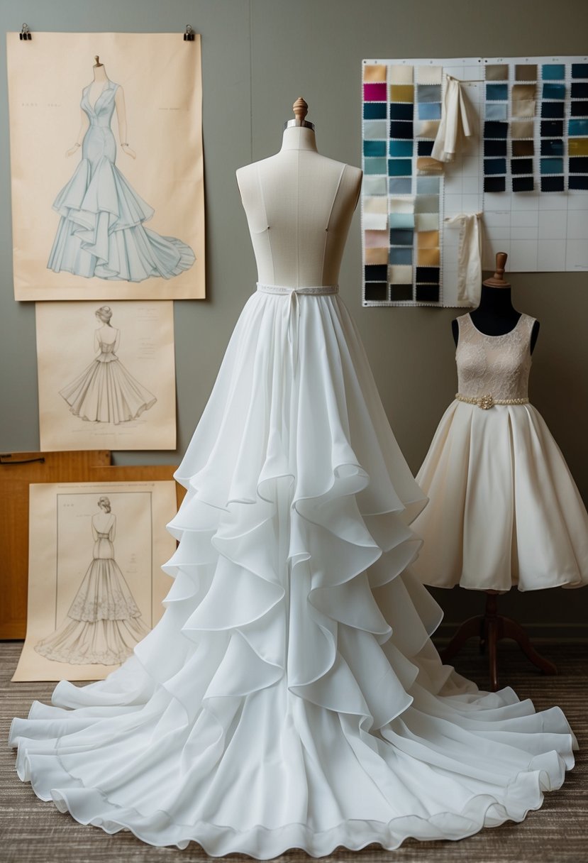 A flowing high-low hem ruffled dress on a mannequin, surrounded by vintage wedding gown sketches and fabric swatches