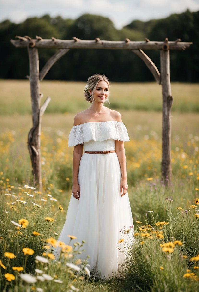 A bride stands in a field, wearing an off-the-shoulder rustic wedding dress, surrounded by wildflowers and a rustic wooden archway