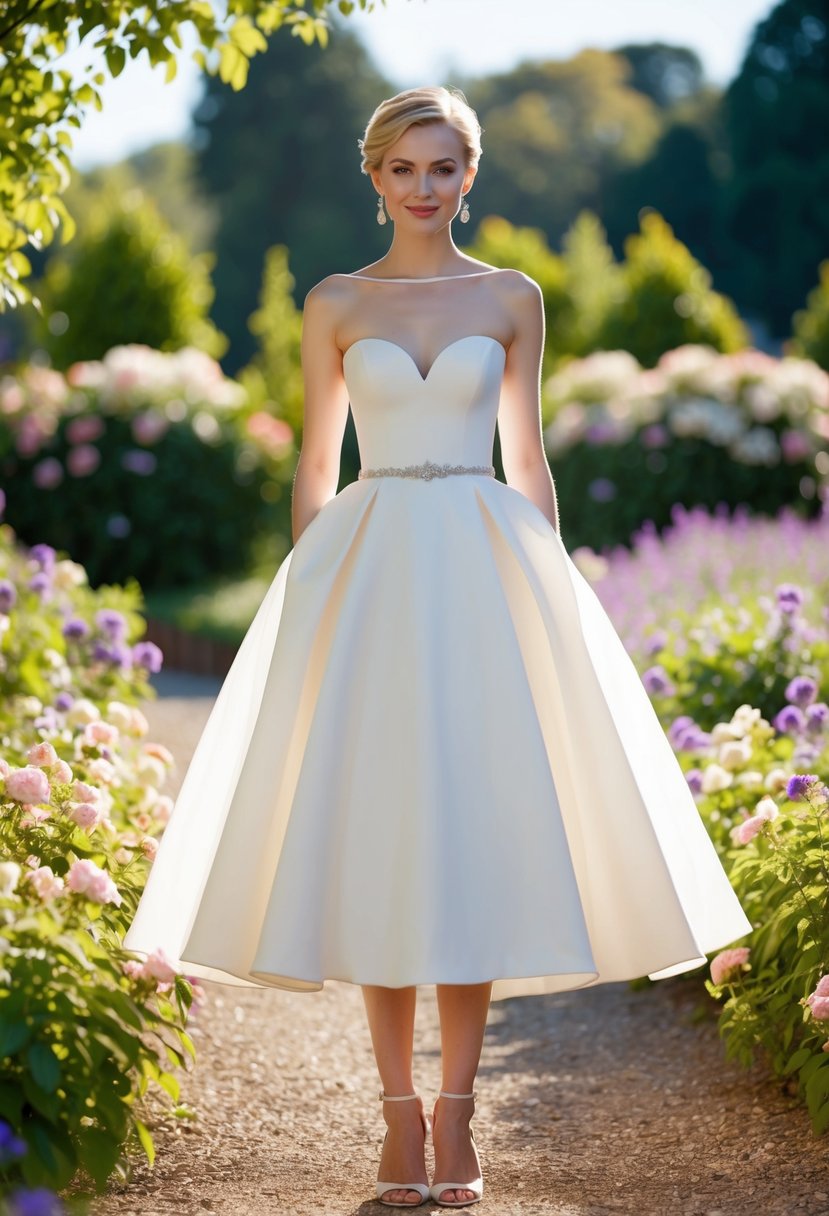 A short bride in a bateau neckline dress, standing in a sunlit garden surrounded by blooming flowers