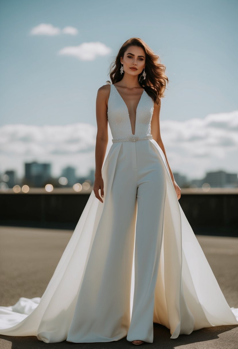 A convertible jumpsuit gown with 80s flair, perfect for a modern wedding