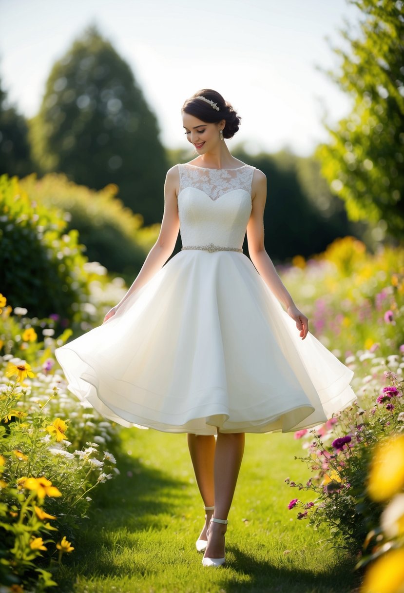 A short bride twirls in a sleeveless tea-length wedding dress, surrounded by blooming wildflowers in a sunlit garden