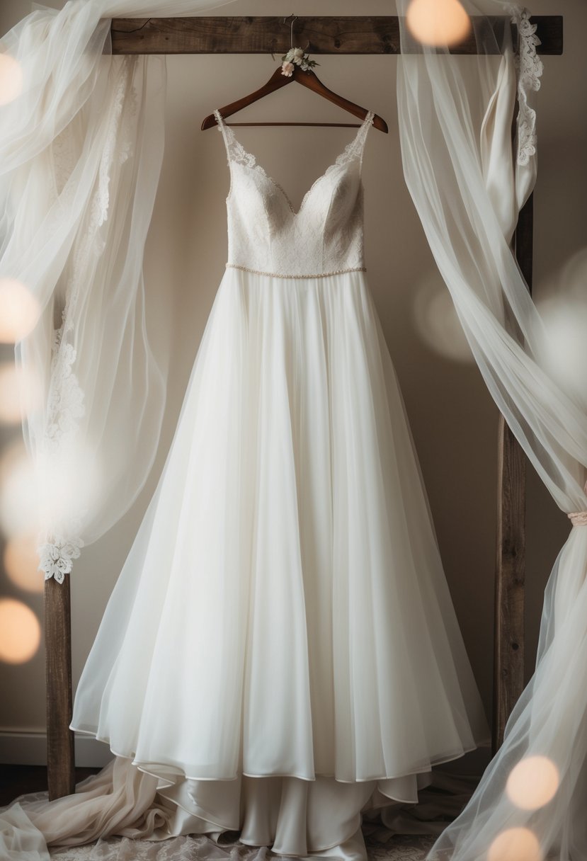 A flowing silhouette wedding dress hangs on a rustic wooden hanger, surrounded by soft, ethereal fabrics and delicate lace details