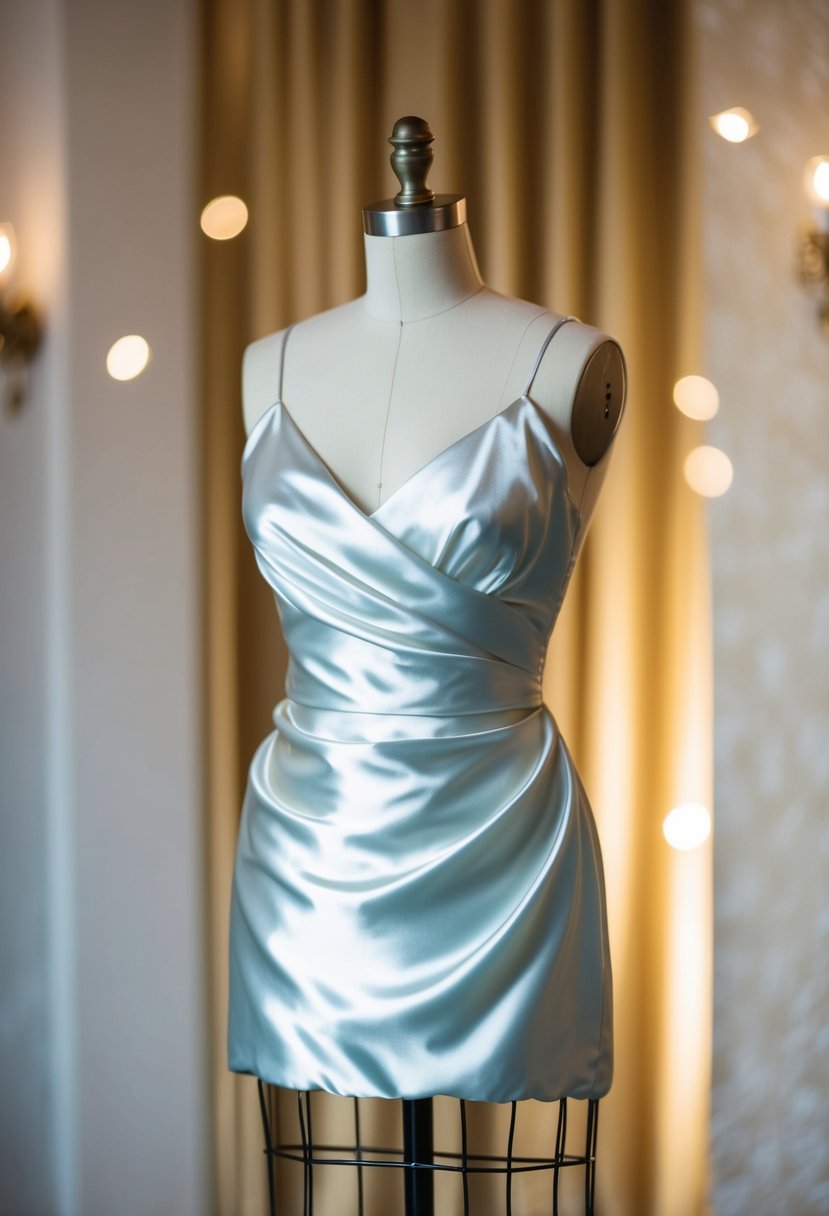 A shimmering satin slip dress drapes elegantly over a vintage mannequin, capturing the essence of 80s glamour and wedding gown inspiration