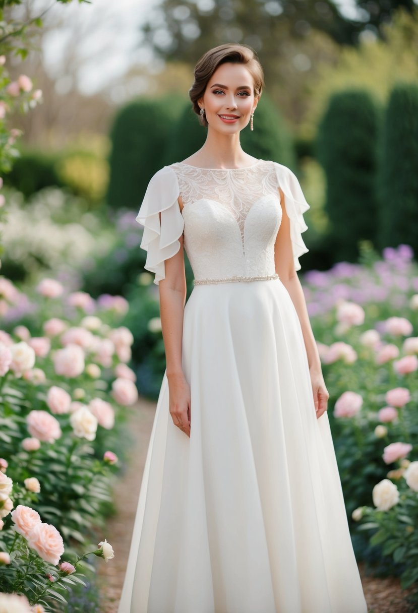 A short bride in a petal sleeve dress, standing in a garden with blooming flowers and a soft, romantic atmosphere