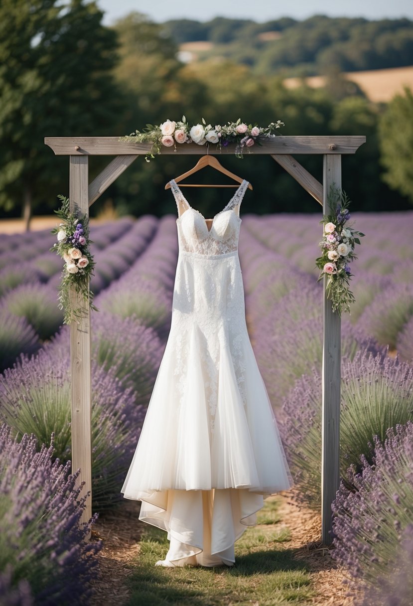 A rustic wedding dress hangs from a wooden arch in a lavender field, surrounded by blooming flowers and a soft, romantic atmosphere