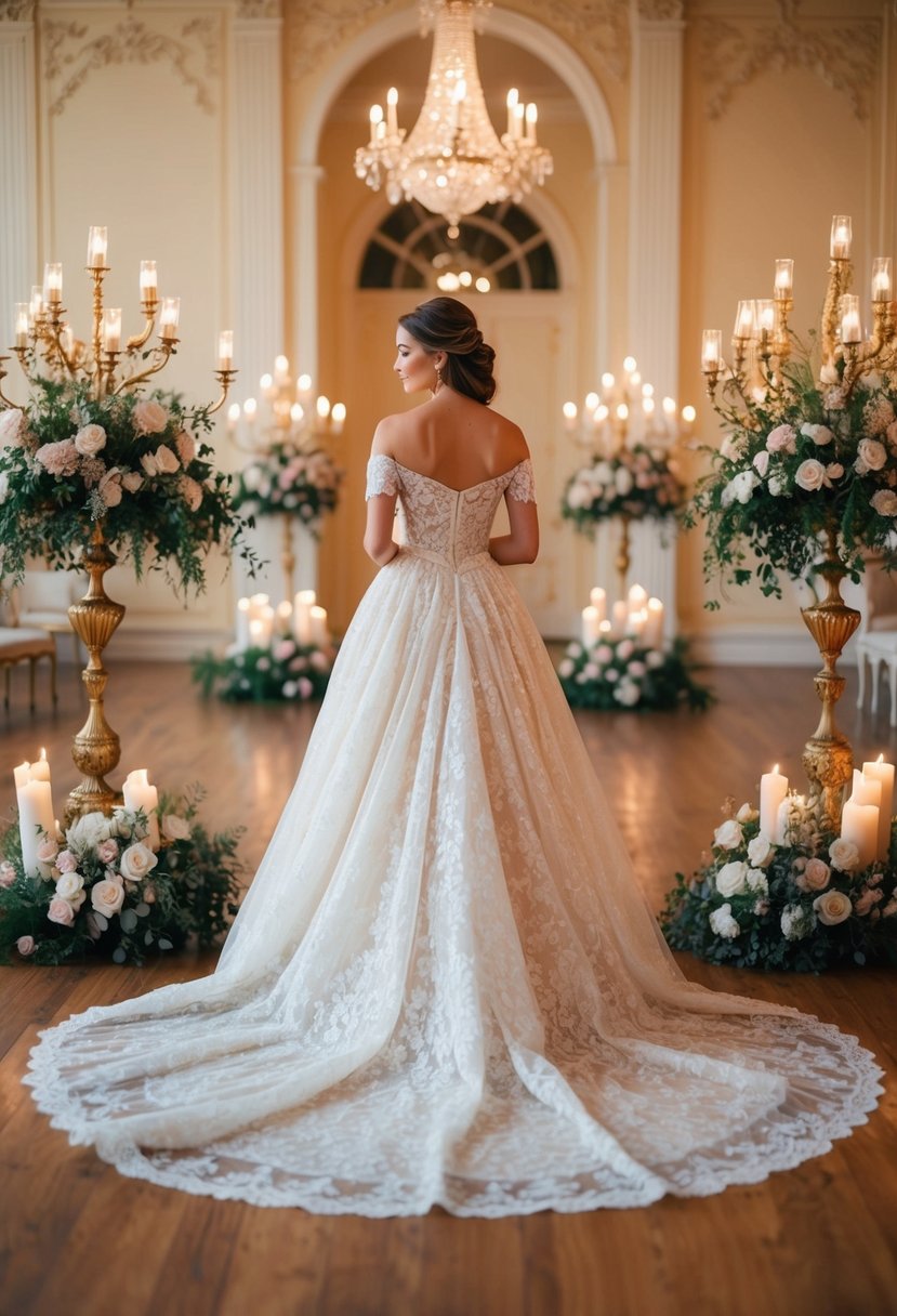 A flowing, off-the-shoulder lace gown in a candlelit Victorian ballroom, surrounded by delicate floral arrangements and vintage candelabras