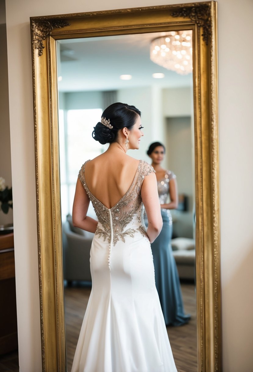 A short bride in a beaded bodice gown, standing in front of a full-length mirror, admiring her reflection