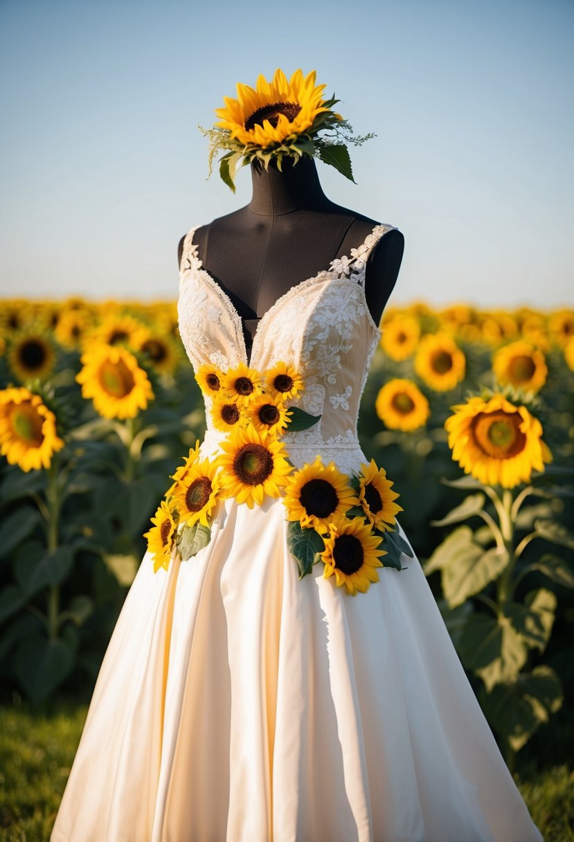 A rustic wedding dress adorned with sunflower-inspired designs, set against a backdrop of a sun-drenched field with tall sunflowers swaying in the breeze