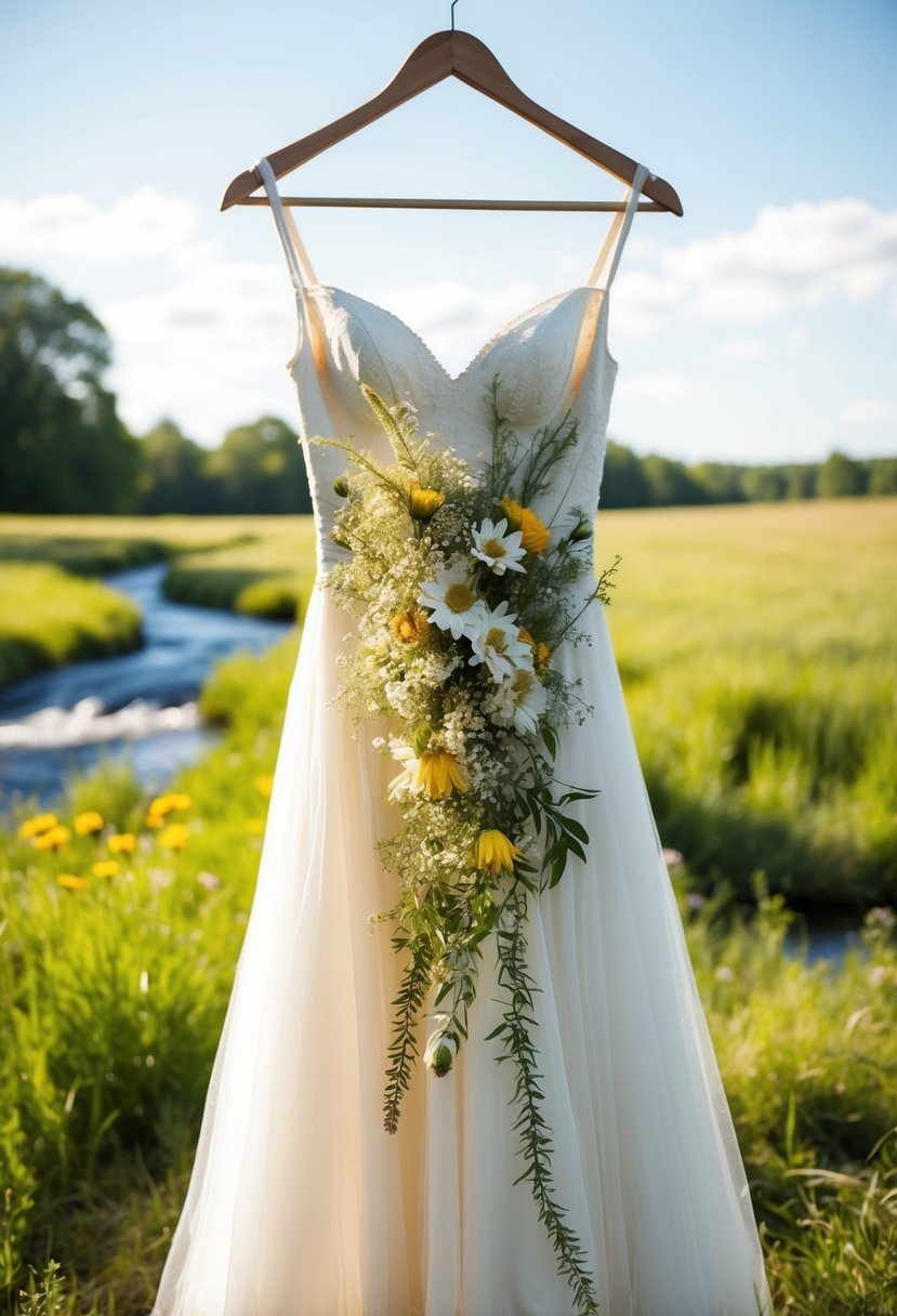 A rustic wedding dress adorned with wildflowers, set against a backdrop of a sun-drenched meadow with a babbling brook