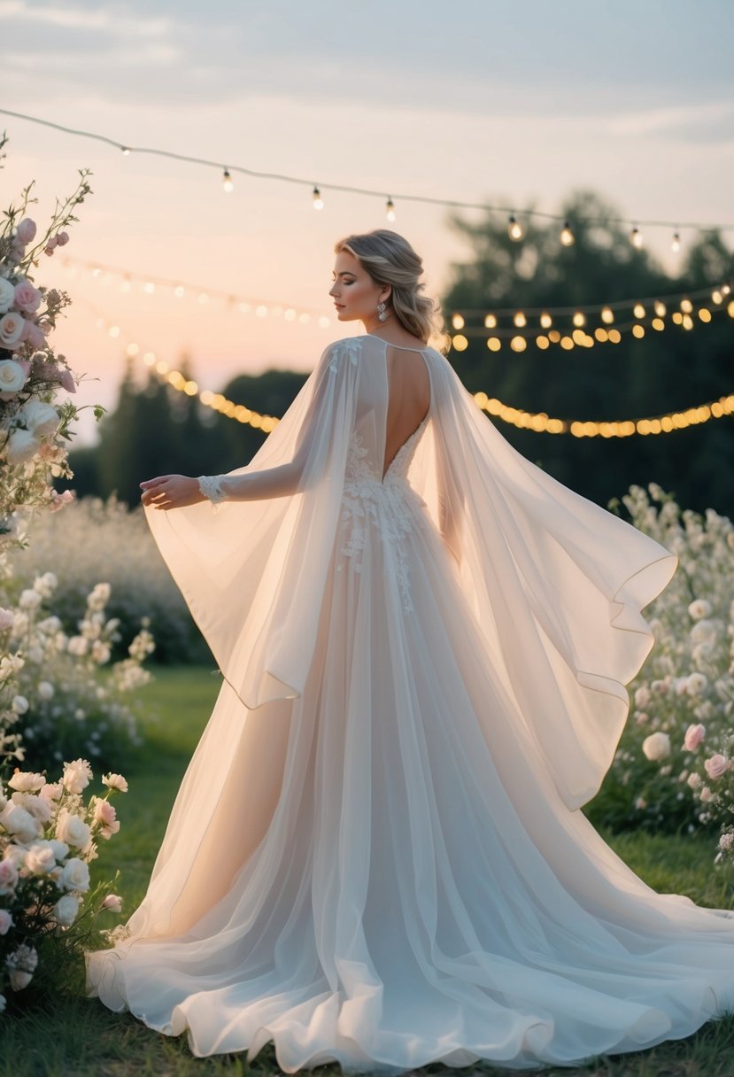 An ethereal cape sleeve gown billows in a soft breeze, surrounded by delicate flowers and twinkling fairy lights