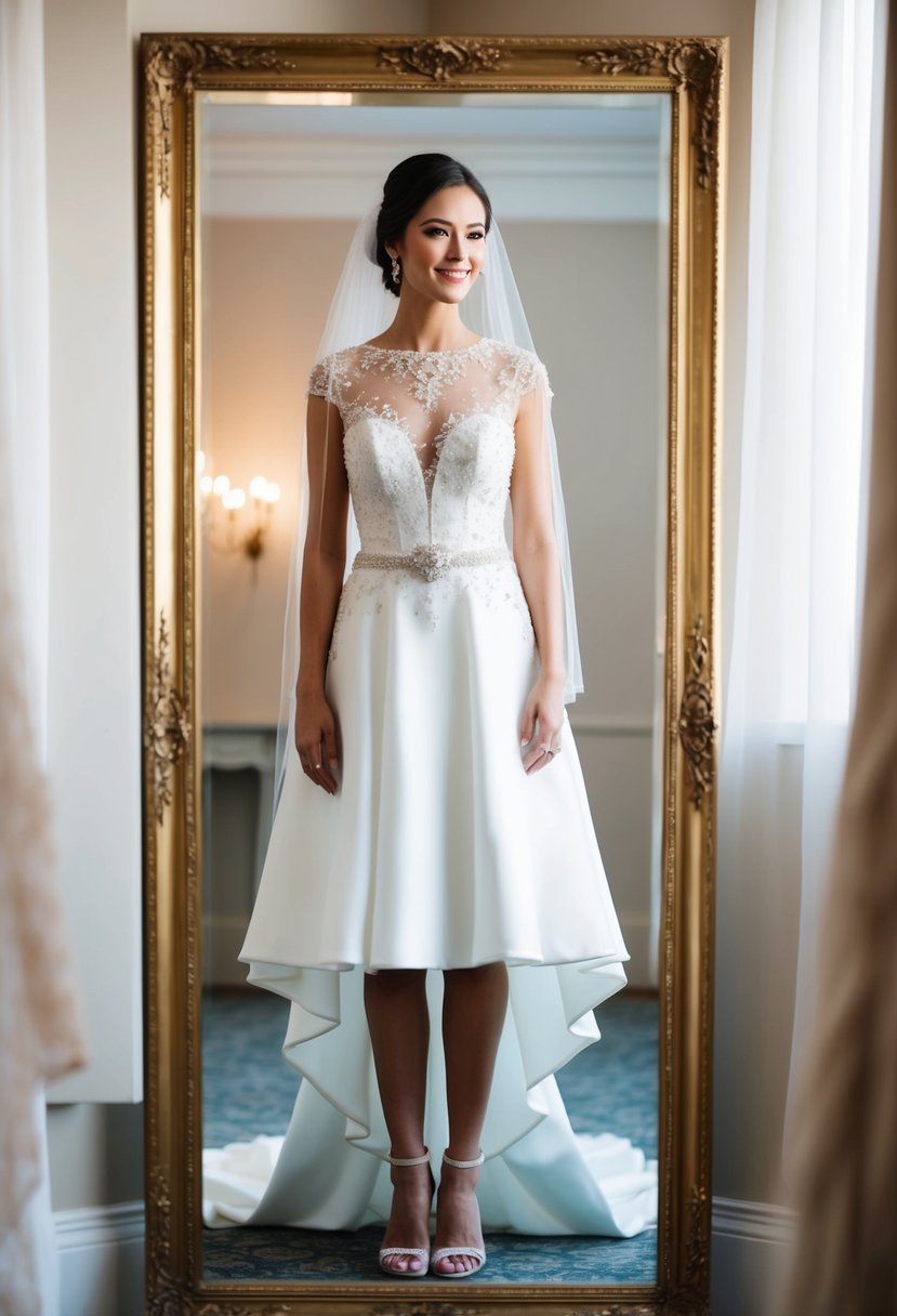 A short bride in an illusion neckline wedding dress, surrounded by delicate lace and intricate beadwork, standing in front of a full-length mirror