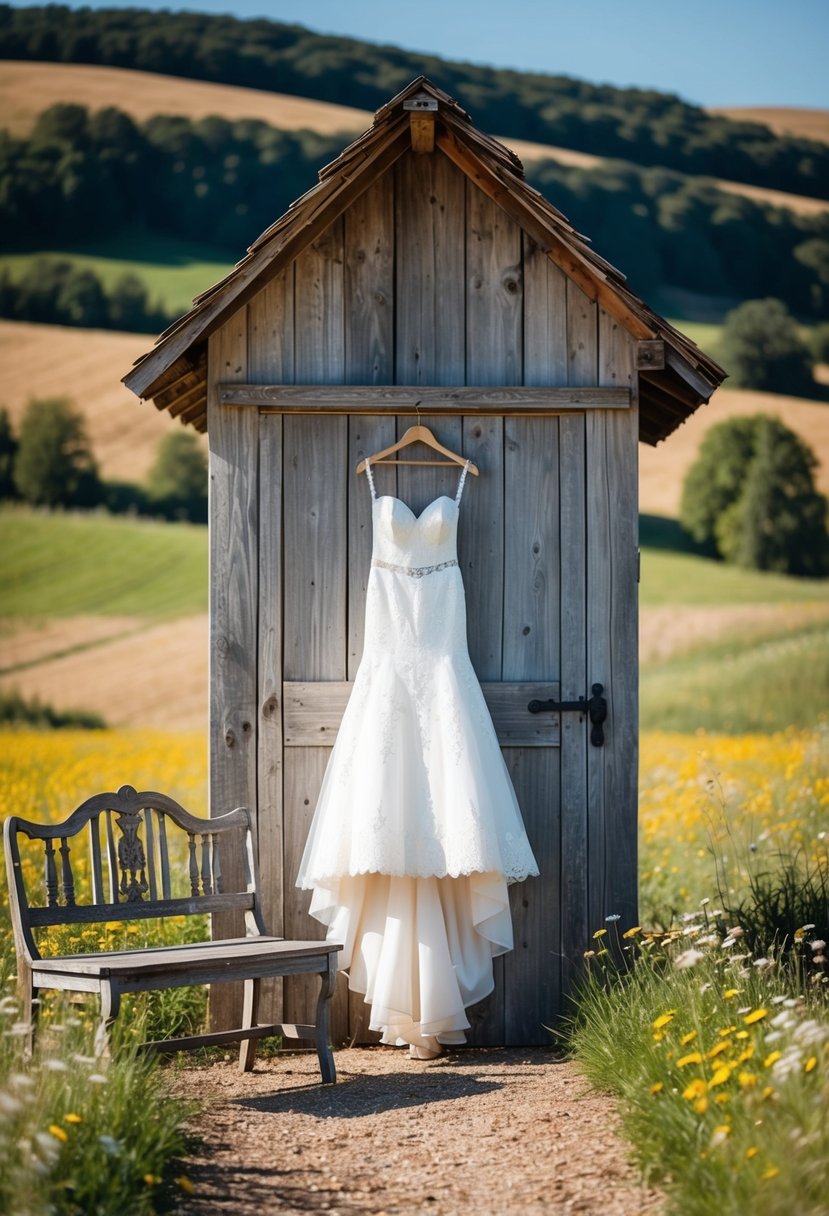 A rustic barn set against rolling hills, with wildflowers and a vintage wooden bench. An elegant wedding dress hangs from a weathered wooden door, catching the soft sunlight