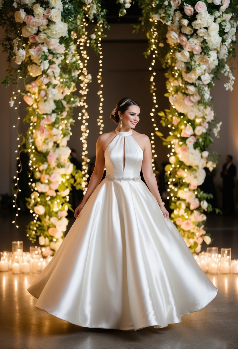 A short bride twirls in a halter neck satin gown, surrounded by cascading flowers and twinkling lights