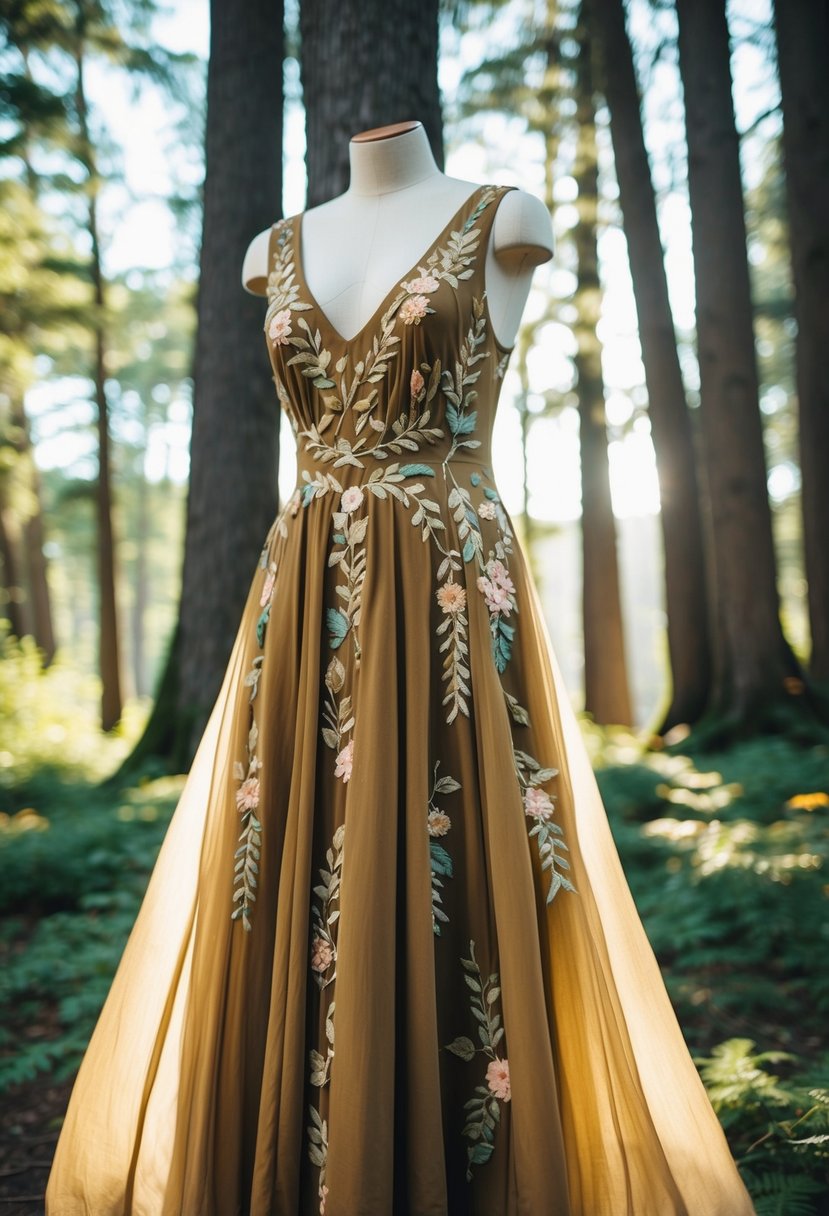 A flowing, earth-toned dress adorned with delicate floral and leaf embroidery, set against a backdrop of towering trees and dappled sunlight filtering through the forest canopy