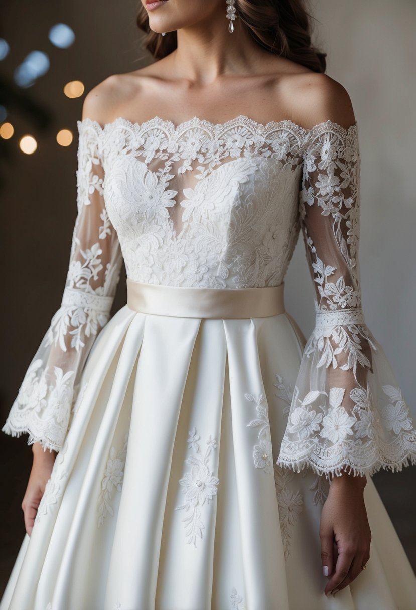 A lace-trimmed, off-the-shoulder wedding dress with bell sleeves and a flowing A-line skirt, adorned with delicate floral embroidery and a satin sash