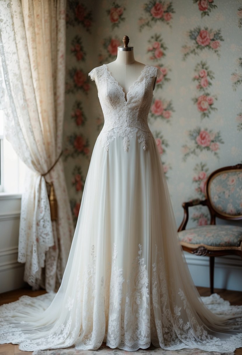 A flowing, ivory lace wedding gown with delicate Edwardian-inspired details, set against a backdrop of vintage floral wallpaper and antique lace curtains