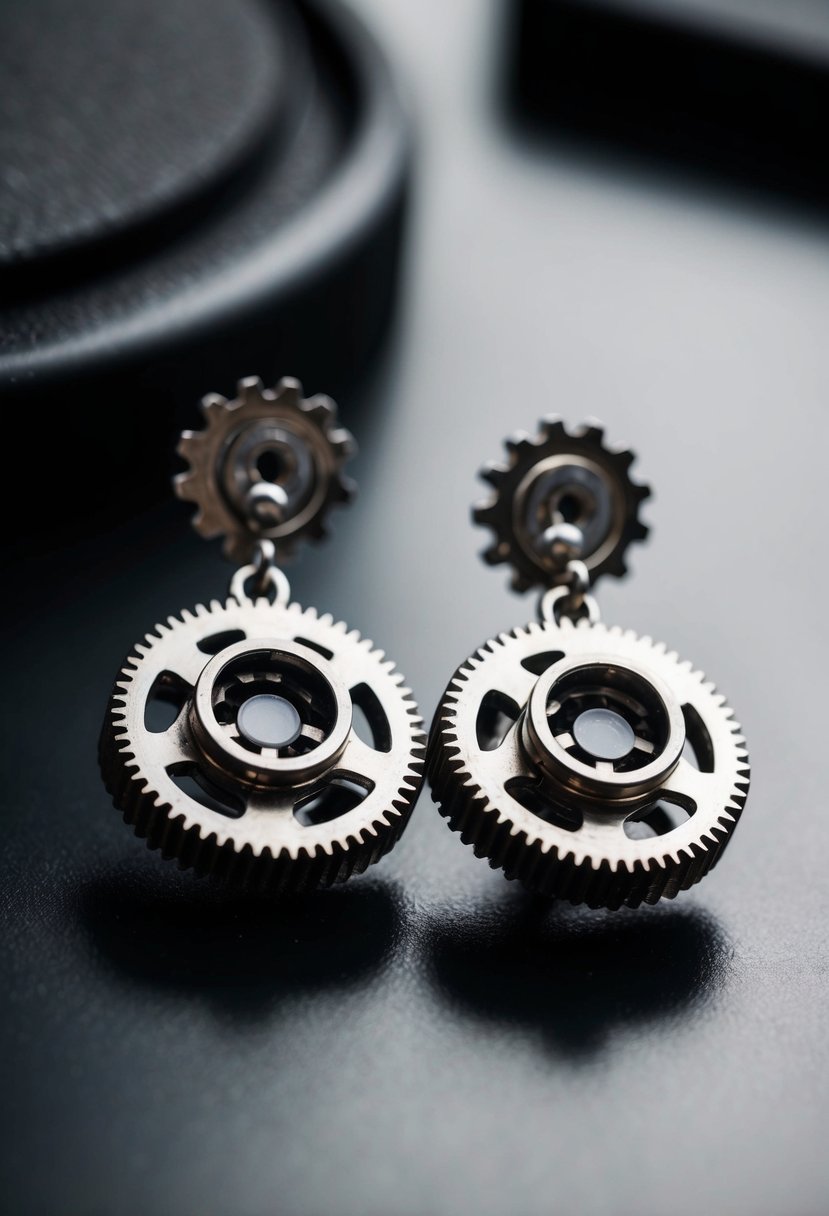 A pair of earrings featuring metallic gears and industrial elements, with a touch of elegance and sophistication