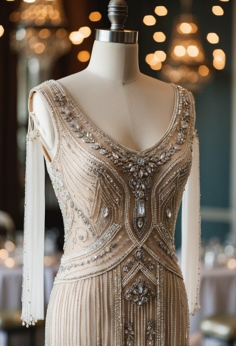 A beaded 70s vintage wedding dress with Gatsby-inspired glamour, featuring intricate detailing and shimmering embellishments