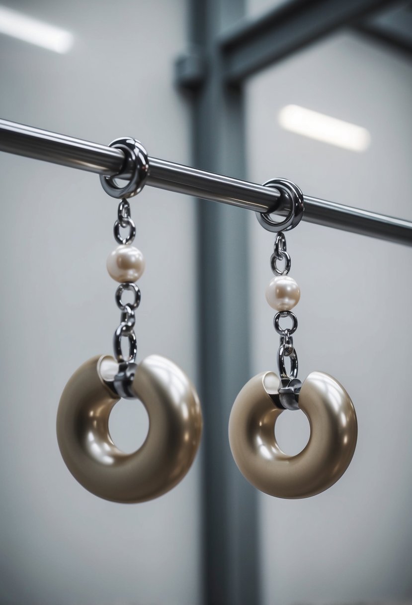 Two elegant pearl-accented barbells suspended against a minimalist industrial backdrop