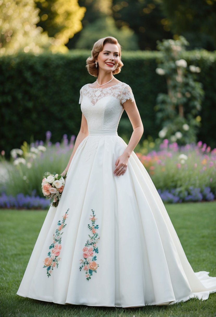 A tea-length wedding dress with 1950s charm, featuring vintage 70s details like lace and floral appliques, set against a romantic garden backdrop