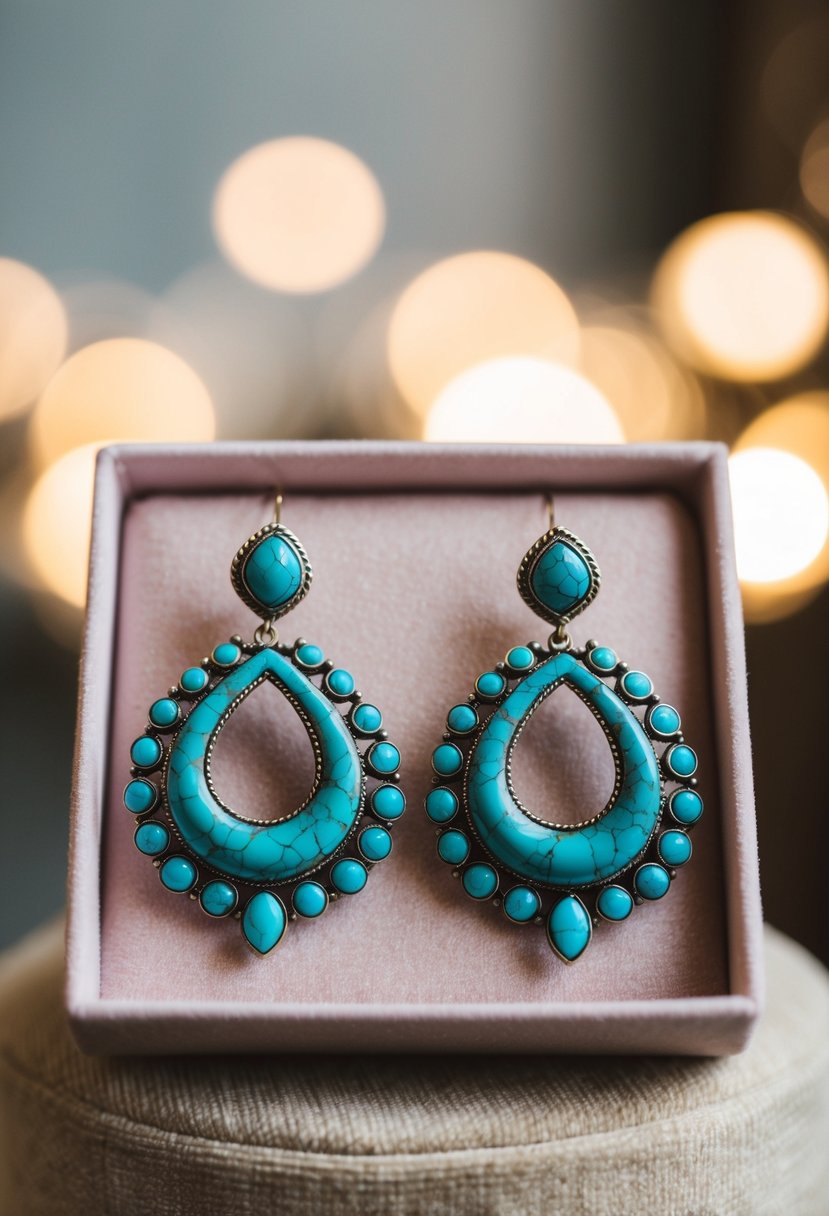 A pair of intricate turquoise wedding earrings displayed on a velvet cushion with soft lighting highlighting their elegant design