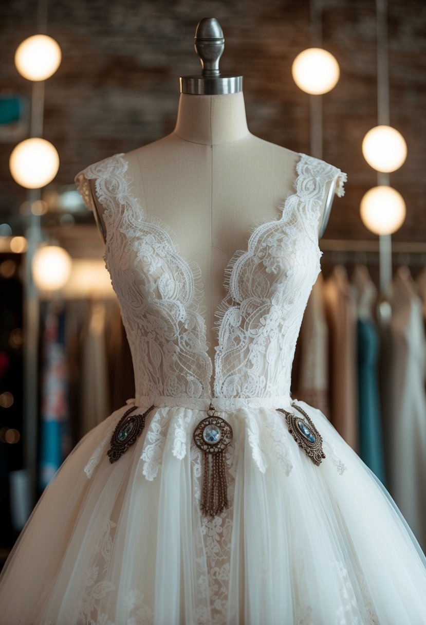 A vintage lace and tulle wedding dress on a mannequin with bohemian accessories