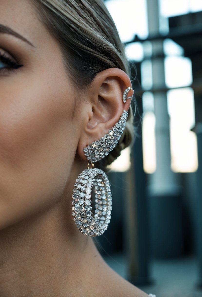 A close-up of ear climbers adorned with shimmering Swarovski crystals, set against an industrial backdrop for a modern wedding