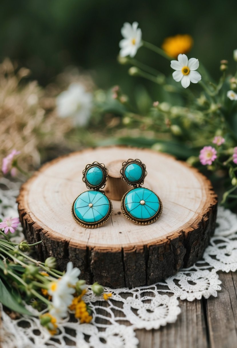 A rustic wooden table adorned with vintage boho turquoise earrings, surrounded by delicate lace and wildflowers