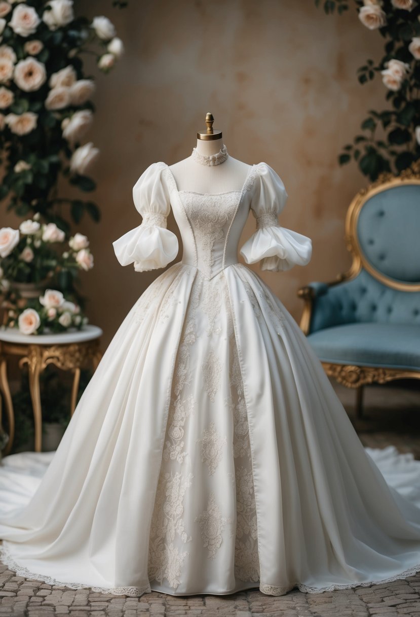 A vintage wedding dress with billowy Victorian puff sleeves, adorned with delicate lace and intricate embroidery, set against a backdrop of blooming roses and ornate vintage furniture