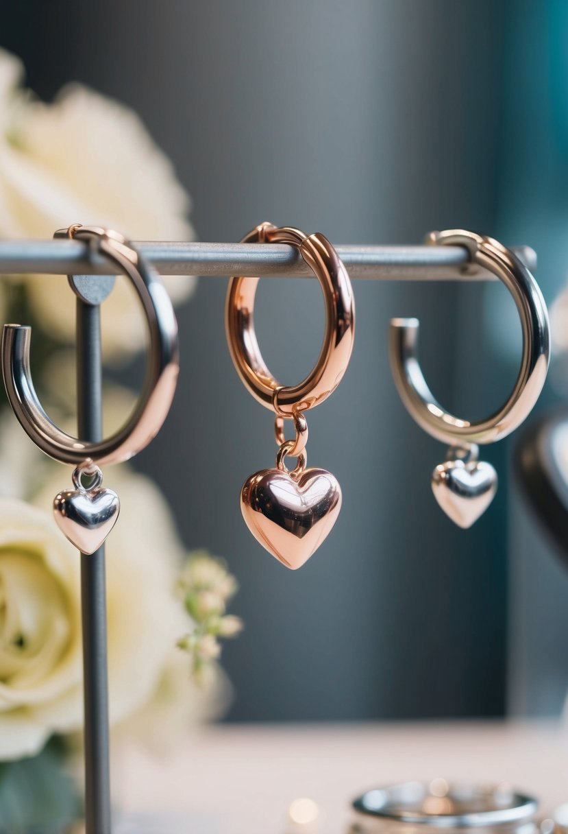 A rose gold barbell earring with a heart charm dangles from a display stand, surrounded by other industrial-themed wedding jewelry