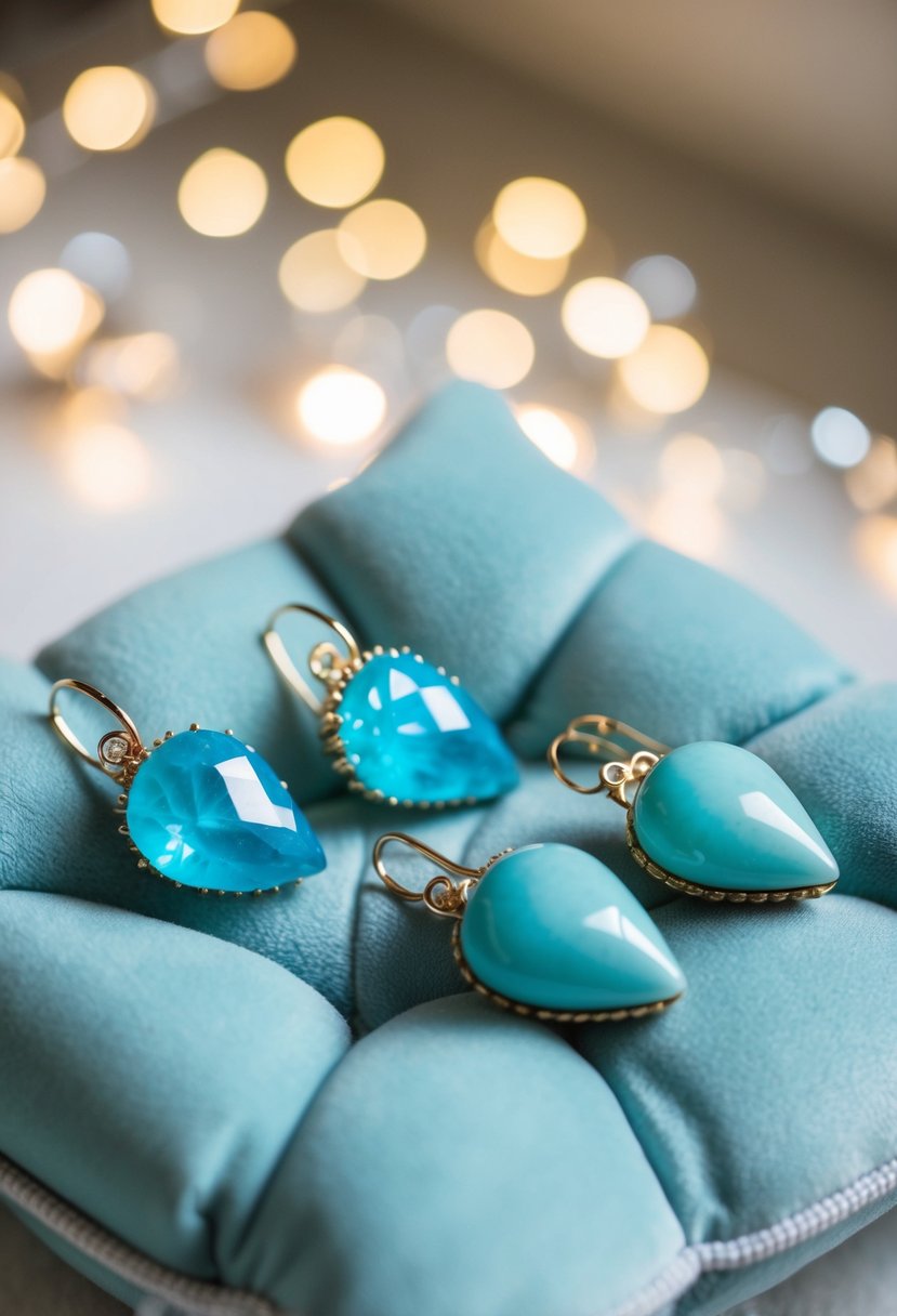 A still life arrangement of aquamarines and turquoise pear-shaped earrings on a velvet cushion, with soft lighting to highlight their shimmer