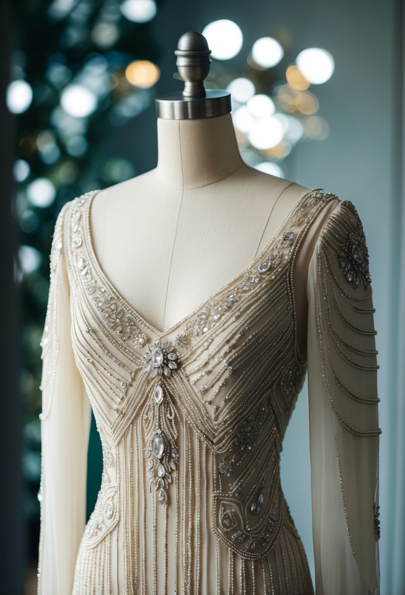 An Art Deco beaded 70s vintage wedding dress with intricate details and elegant lines, inspired by the glamour of the era