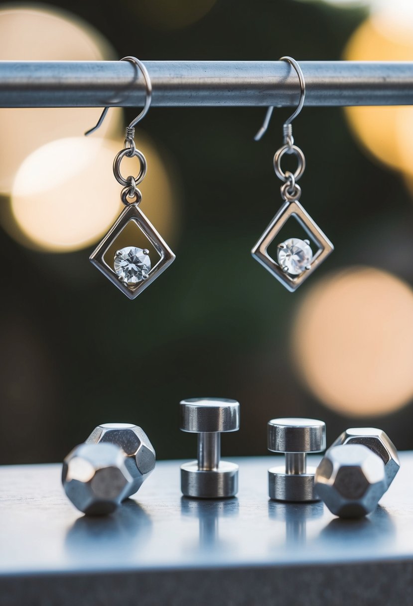 Geometric-shaped barbells arranged on a metal table, with industrial wedding earrings hanging from them