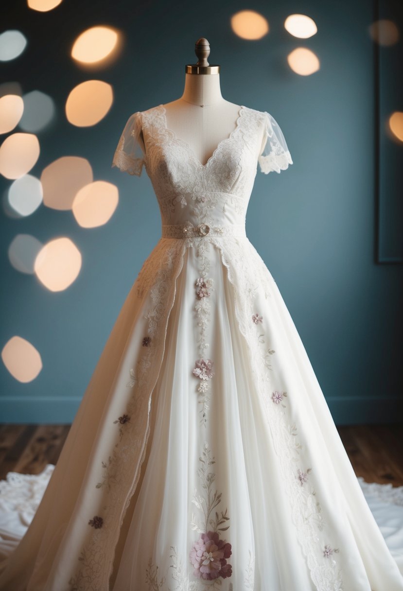 A 1940s A-line wedding dress with 70s vintage details, lace, and delicate floral appliques