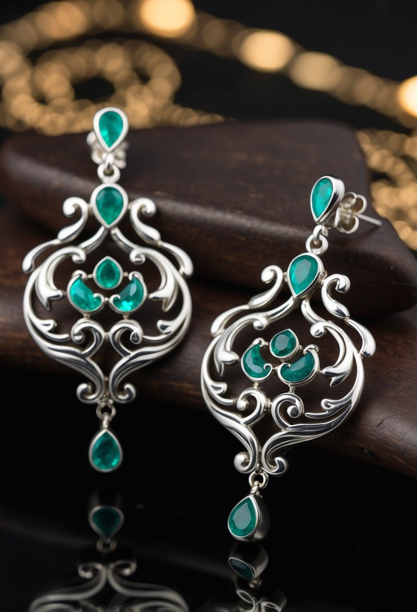 Elegant silver earrings with intricate scrollwork and emerald inlays