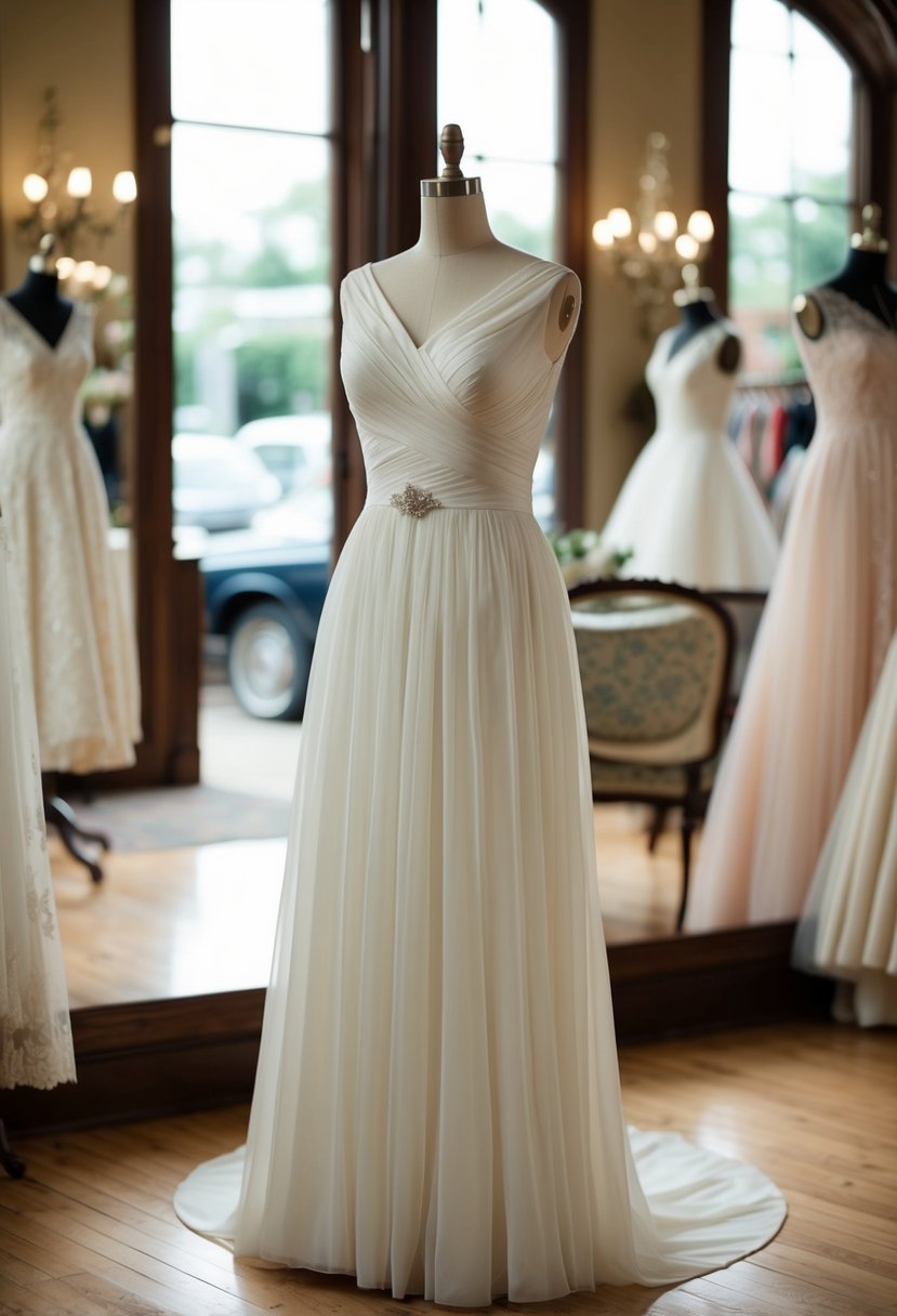 An elegant empire waist 70s vintage wedding dress displayed on a mannequin in a softly lit vintage boutique