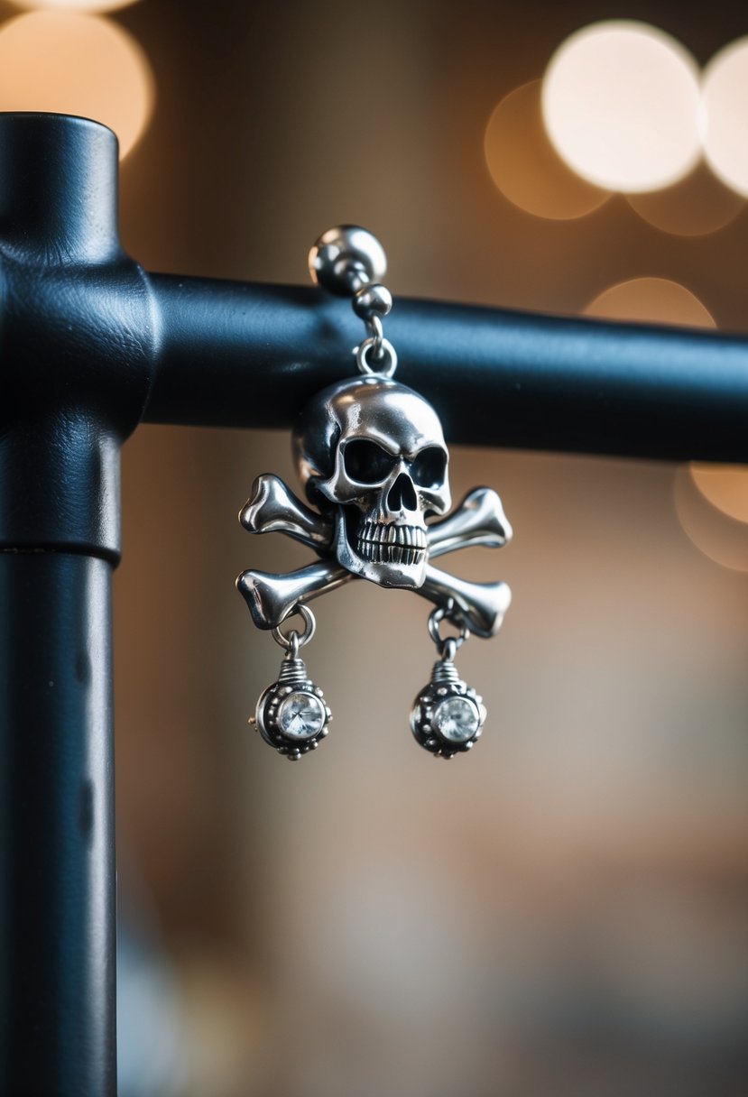 A skull and crossbones barbell with industrial wedding earrings, bold and edgy