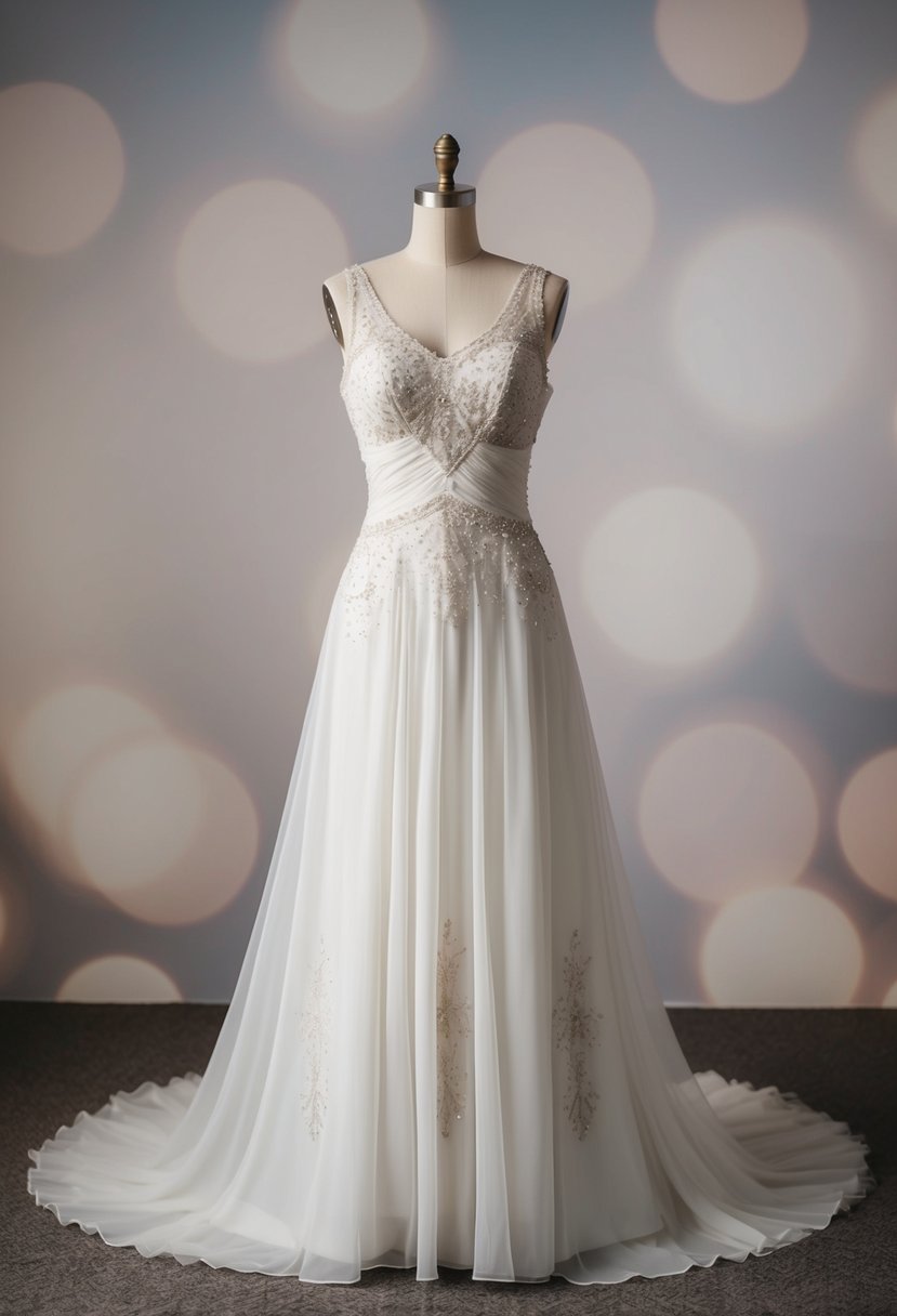 A mannequin wearing a flowing, bias-cut 70s vintage wedding dress, with delicate lace and intricate beading, set against a backdrop of soft, romantic lighting