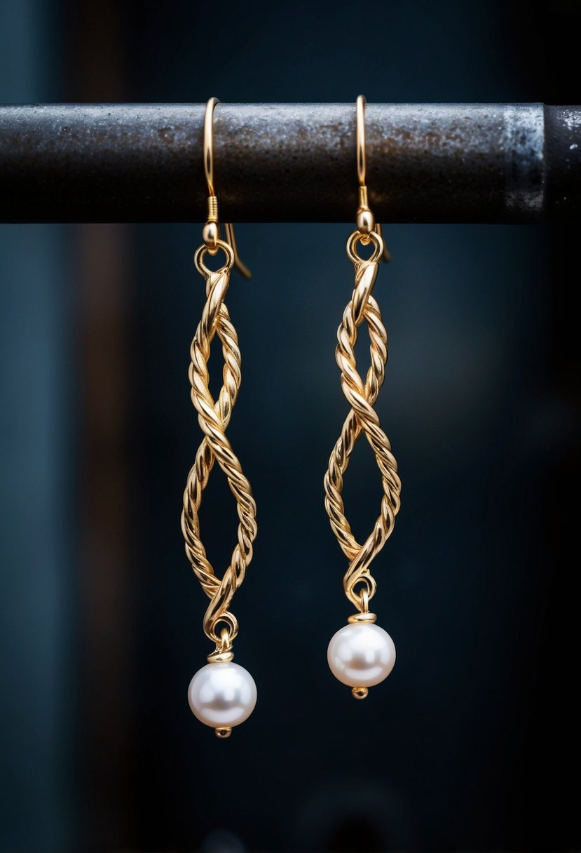 A pair of twisted vine earrings with pearl ends, set against an industrial backdrop