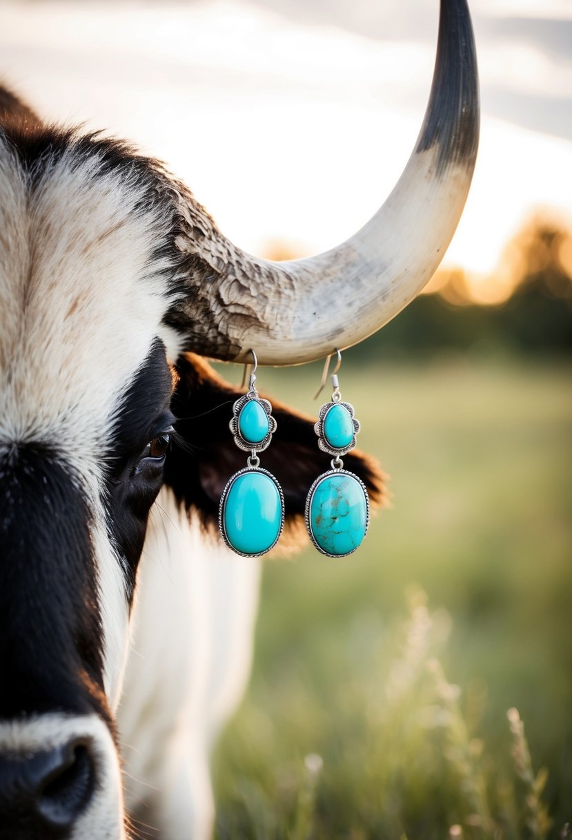 A pair of turquoise wedding earrings dangle from a white buffalo's horn