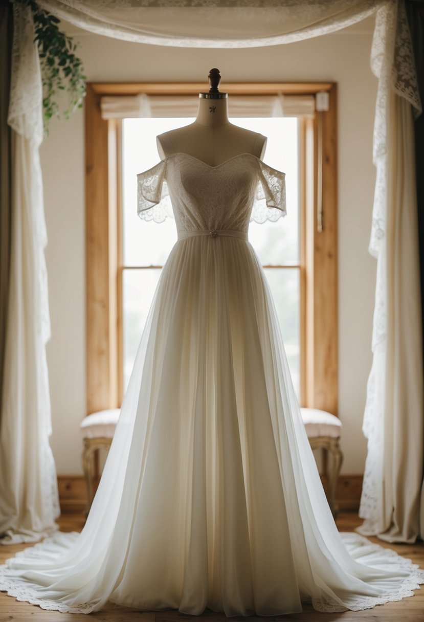 A flowing off-the-shoulder 70s vintage wedding dress hangs on a mannequin, surrounded by soft, romantic lighting and delicate lace details