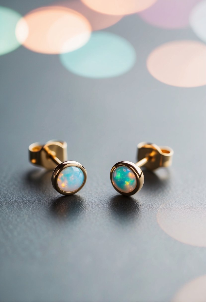 A pair of minimalist gold barbell earrings with opal inlay