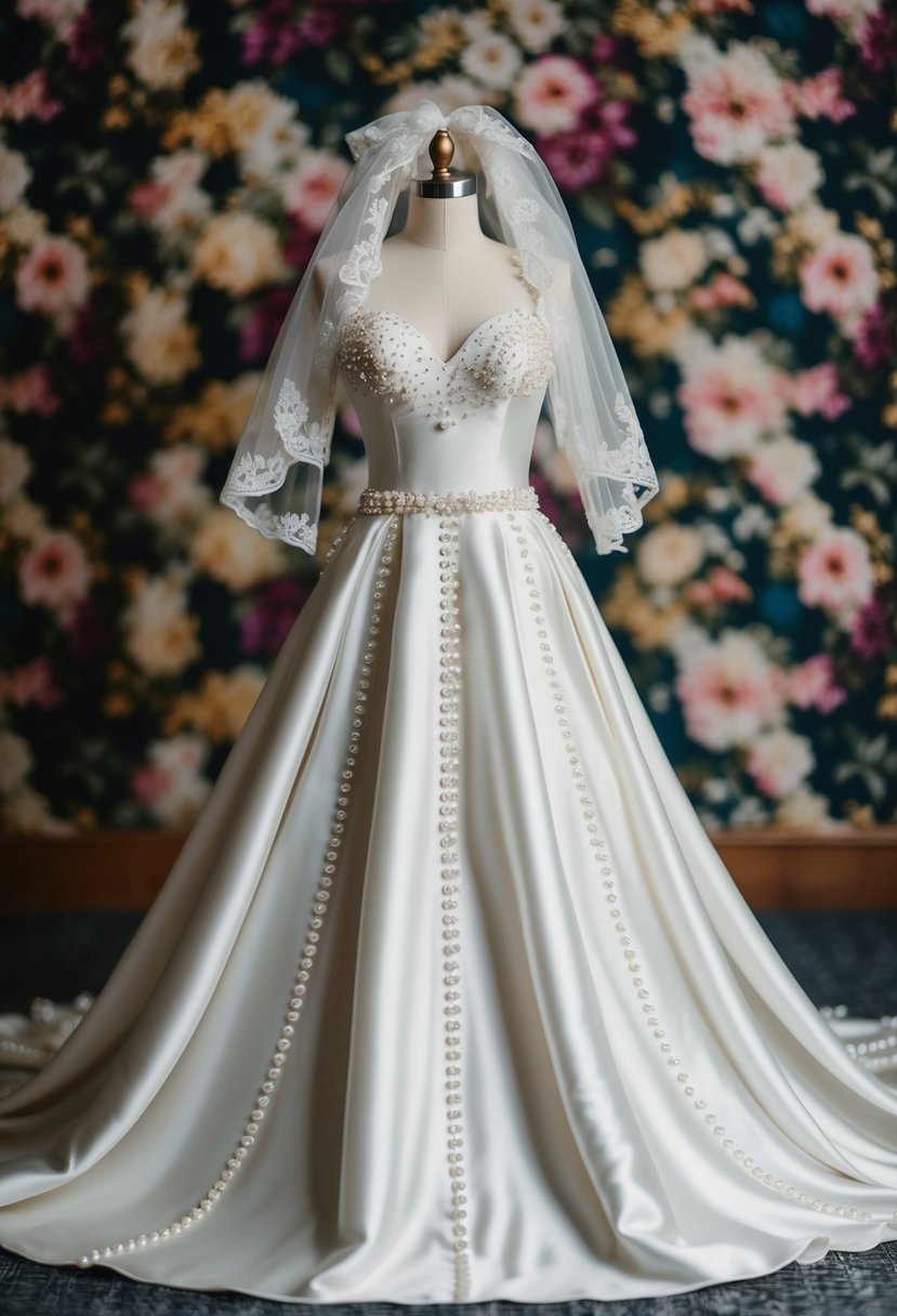 A flowing satin wedding dress adorned with pearl embellishments, set against a backdrop of 70s floral wallpaper and a vintage lace veil