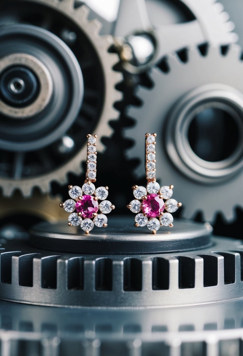 A pair of floral industrial bar earrings with pink sapphires against a backdrop of metallic gears and machinery, evoking a modern industrial wedding aesthetic