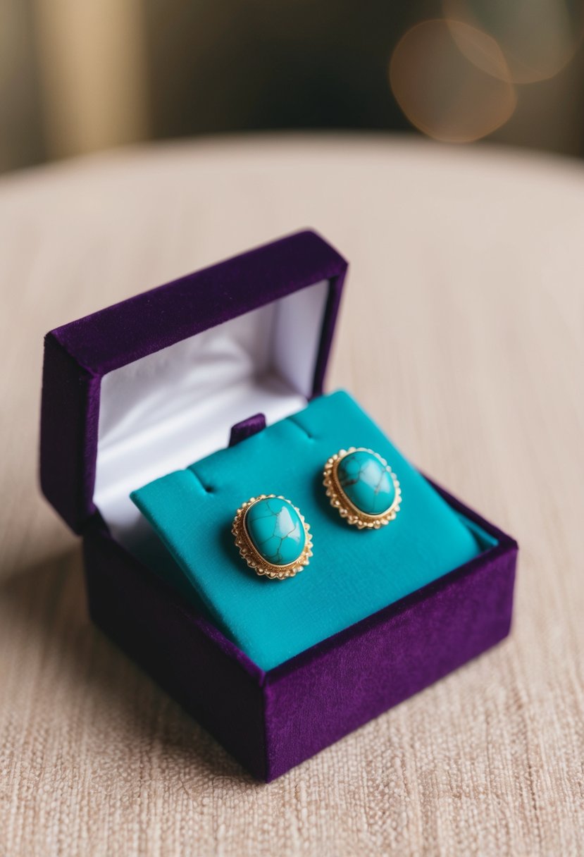 A pair of delicate turquoise earrings, nestled in a velvet box